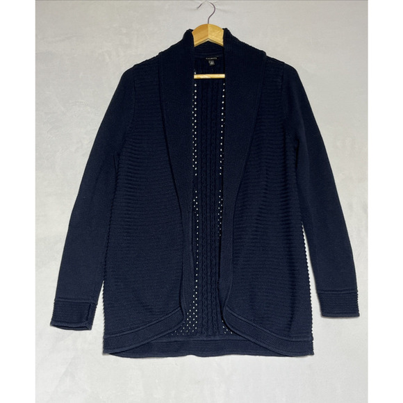 Talbots Ribbed Shawl Collar Cardigan Womens Small Navy Blue Open Knit Sweater - Picture 1 of 10